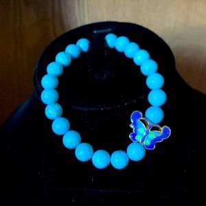 New Turquoise Bead Stretch Bracelet with Enameled Butterfly 🦋